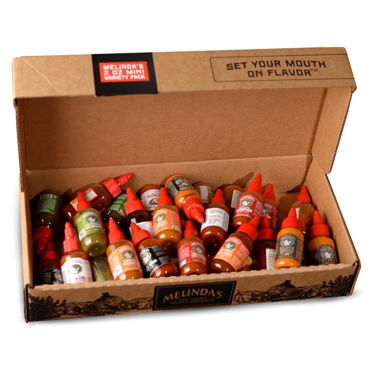 Melinda’s Mini Hot Sauce Variety Pack - Surprise 30 Pack (2 Oz Each) - Gourmet Hot Sauce Gift Set with Travel Friendly Mini Hot Sauce Bottles in 24 Possible Flavors