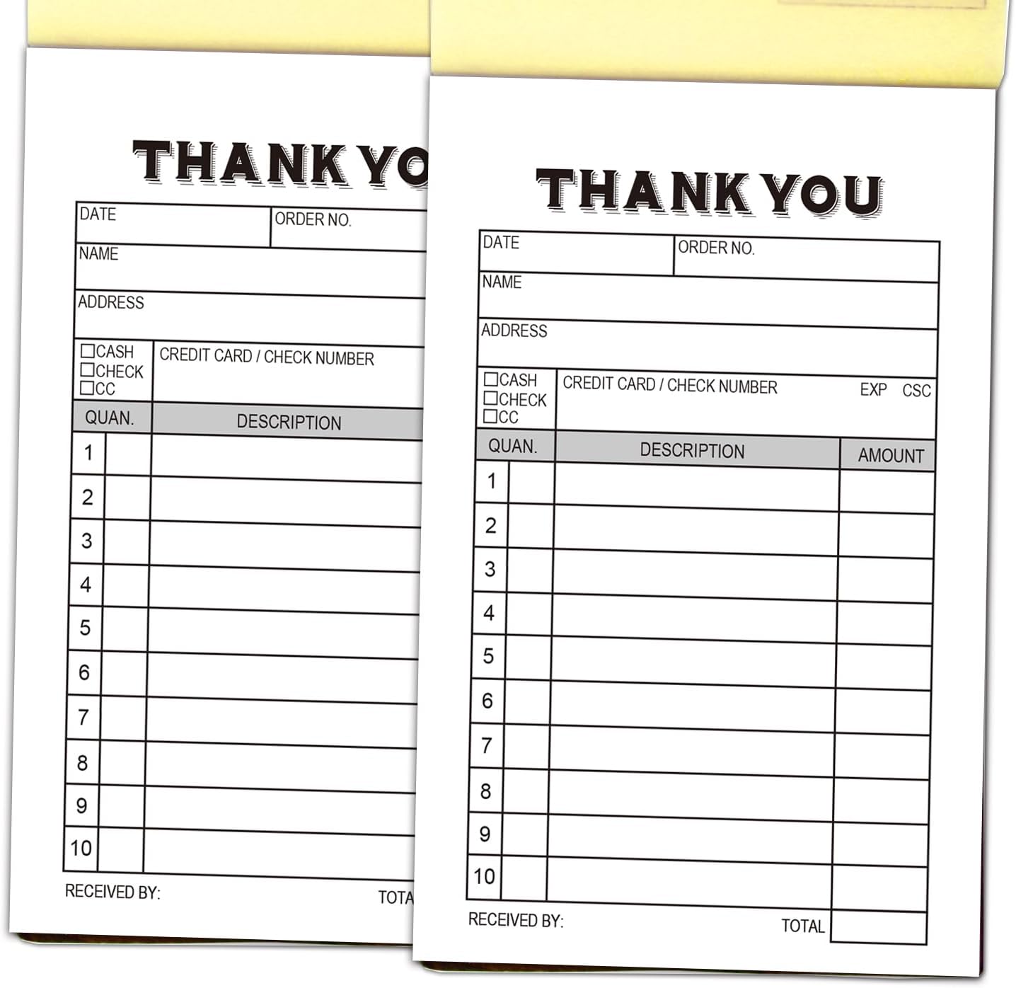2-Pack Thank You Receipt Pad, Sales Receipt Form, Order Book, Invoice Booklet for Small Boutique Business, 3.4"x5.5" Handheld, 100 Sets Carbonless-White/Yellow.