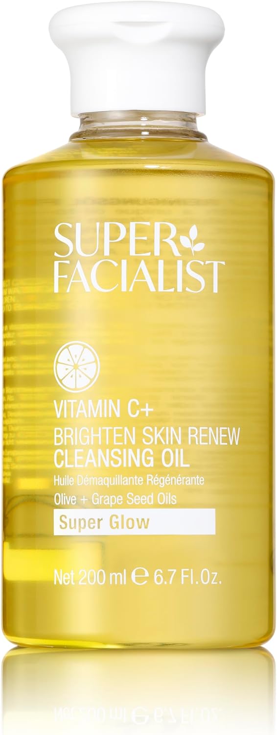 Super Facialist - Vitamin C + Brighten Skin Renew Cleansing Oil, Face Cleanser for Dissolving Makeup & Remove Daily Impurities, Contains Olive Oil, Vegan Friendly, 200ml (Cleansing Oil)