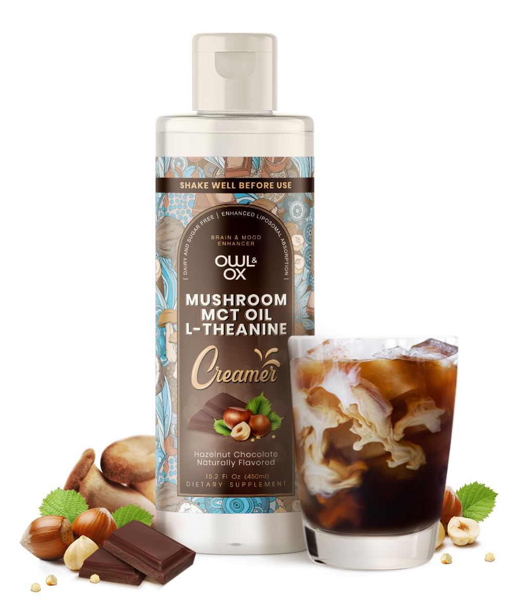 Mushroom Coffee Creamer with MCT Oil by Owl & Ox | L Theanine, Nootropic Superfood Blend, Vegan, Sugar Free, Dairy Free, Adaptogens, Plant Based & Keto Friendly, Hazelnut Chocolate Flavor, 30 Servings