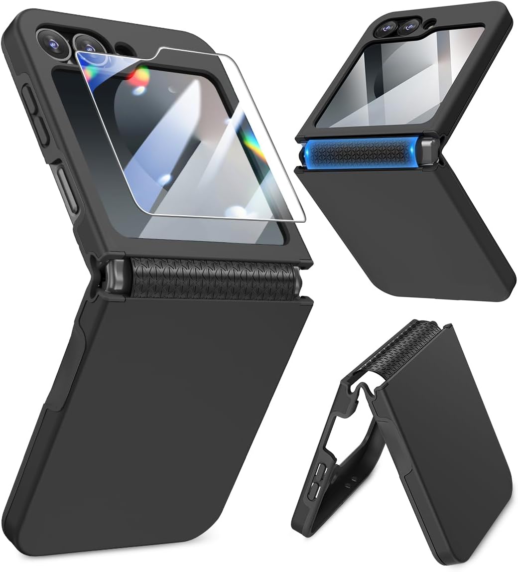Caka for Galaxy Z Flip 6 Case, Samsung Flip 6 Case with [Hinge Protection] [Screen Protector] Shockproof Wireless Charging Phone Case for Samsung Galaxy Z Flip 6 2024 - Black