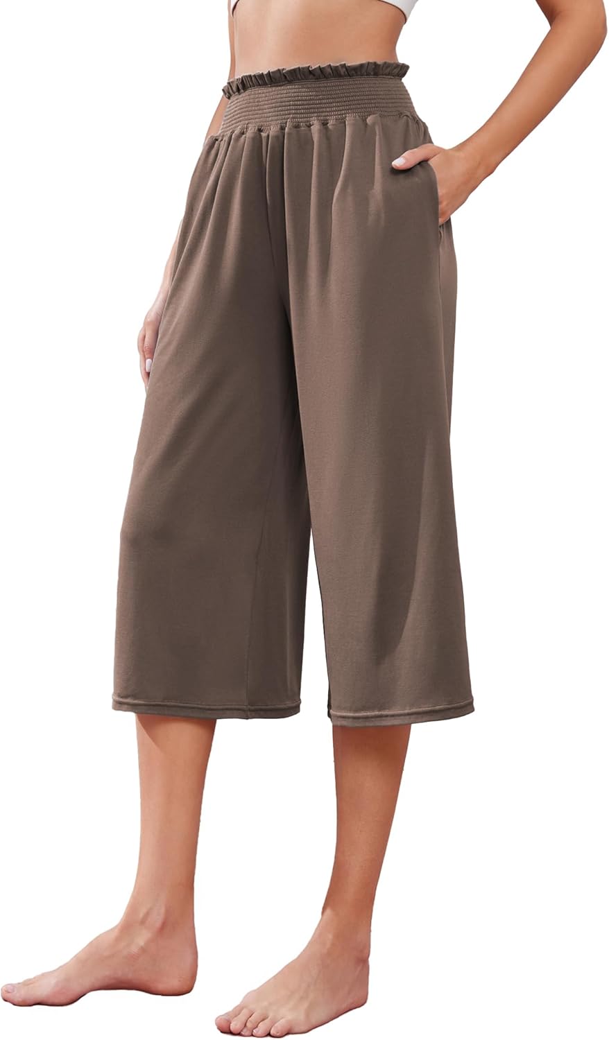 Famulily Ladies Summer Stretchy High Waist Cropped Trousers Yoga Wide Leg Lounge Pants with Pockets