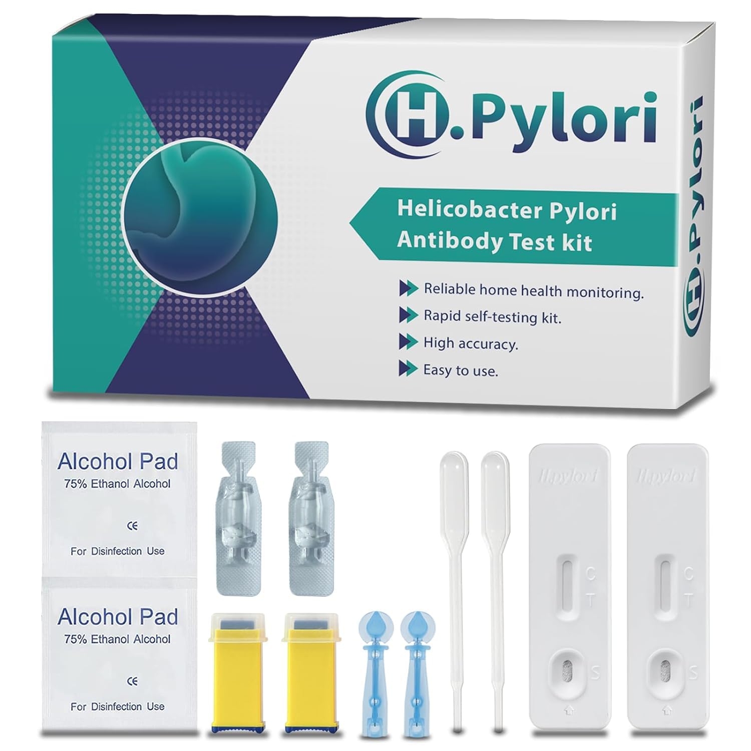 Helicobacter Pylori Test Kit - 2 Pack, H Pylori Test Kits at Home, h. Pylori Self-Test Detection Kits, Quick Home Testing Within 15 Minutes - Highly Accurate Results, Easy to Use and Read.