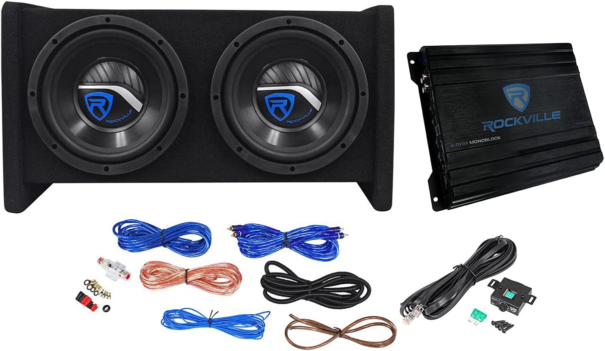 Rockville RV8.2A Dual 8" Car Subwoofer Enclosure with Mono Amp & Wiring Kit
