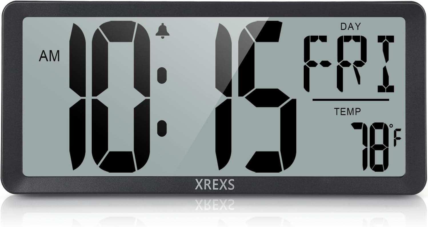 XREXS Large Digital Wall Clock, Battery Operated Alarm Clocks for Bedroom Home Decor, Count Up & Down Timer, 14.17 Inch Large LCD Screen with Time/Calendar/Temperature Display (Batteries Included)