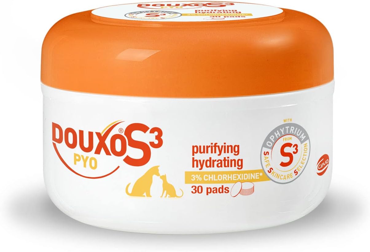 DOUXO S3 PYO Pads, Antibacterial & Anti-Yeast Dog And Cat Feet Wipes, Antiseptic Pads For Cats And Dogs, Soothing Pet Wipes for Cats And Dogs, Purifying & Hydrating Dog Wipes, 30 Pads