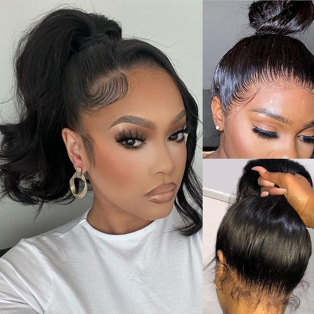 360 Lace Front Wigs Human Hair Pre Plucked Transparent Lace Frontal Wigs for Black Women with Baby Hair 360 Hd Full Lace Human Hair Wigs 150% Density Natural Black 12 Inch