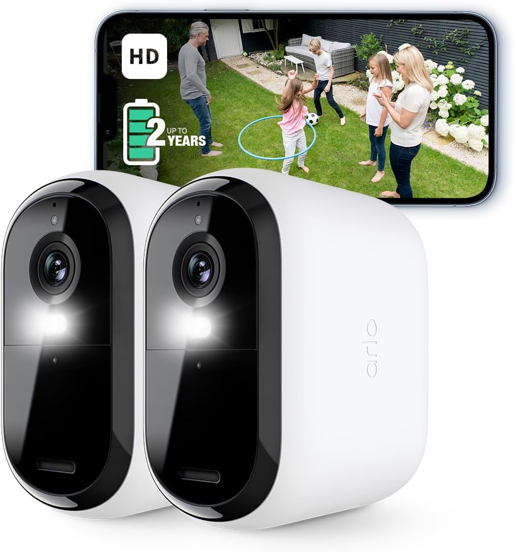 Arlo Essential 2 HD XL Video Security Camera Outdoor Wireless, XL Battery Operated Home Camera With Colour Night Vision, Light, Siren, 2 Way Audio & WiFi, Arlo Secure Free Trial, 2 Cameras, White