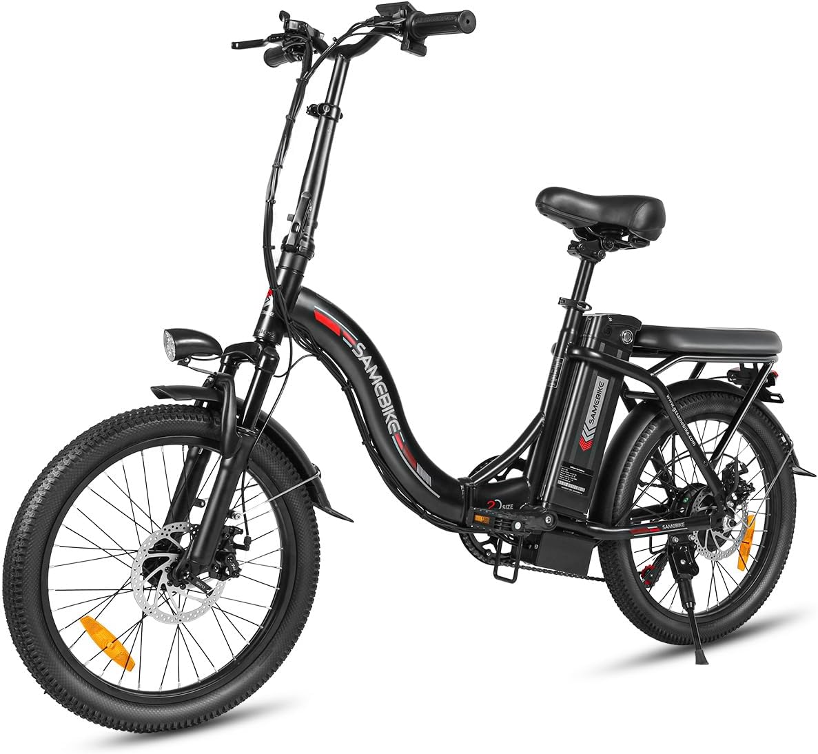 SAMEBIKE 20" Electric Bike for Adult, 468WH Removable Battery Folding Step Through City eBike 43Miles Range(PAS) &15MPH Top Speed, With Front Suspension, Phone Holder and Front Basket Electric Bicycle