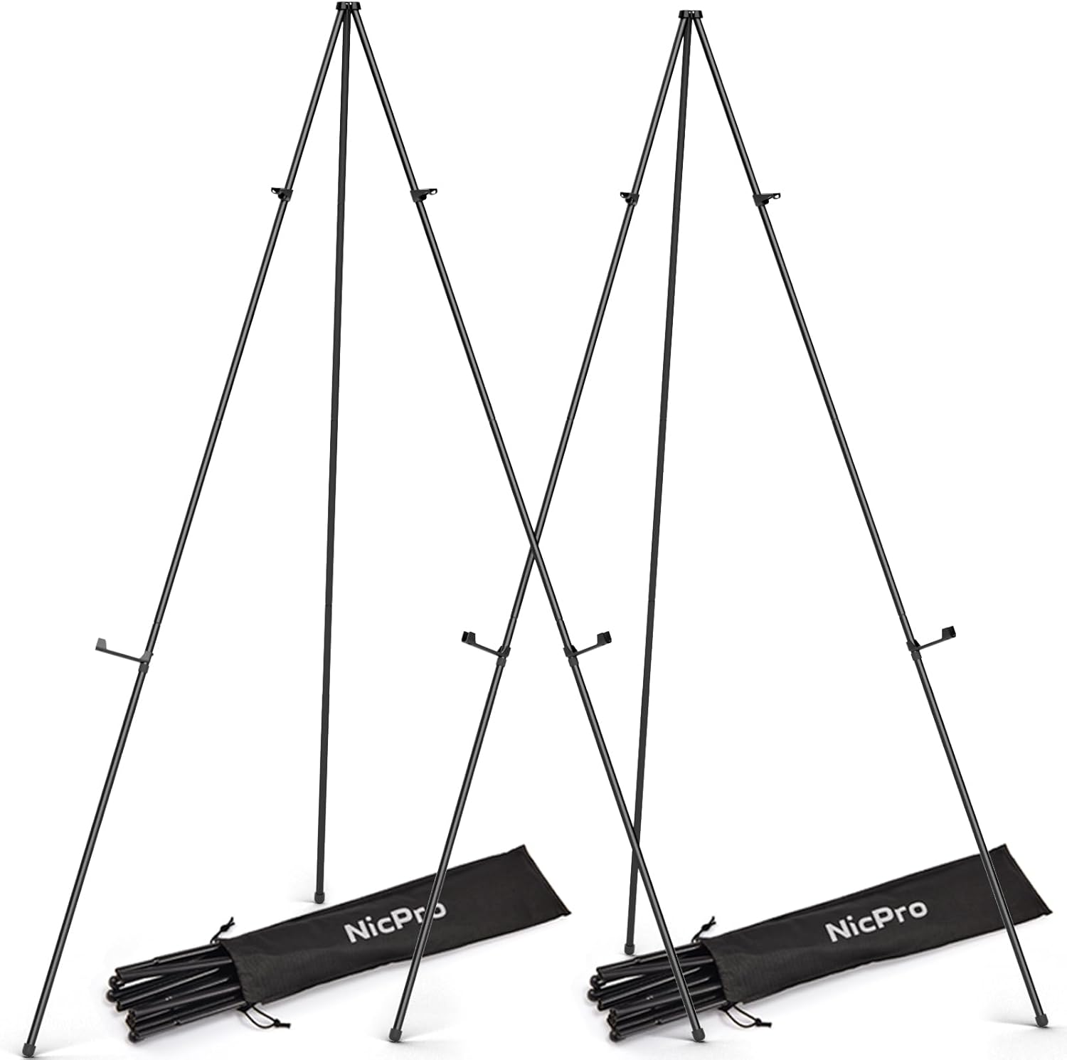 Nicpro Folding Easels for Display, 2 Pack 63 Inch Metal Floor Easel Stand Tripod Black Portable for Artist Poster Wedding with Carry Bag