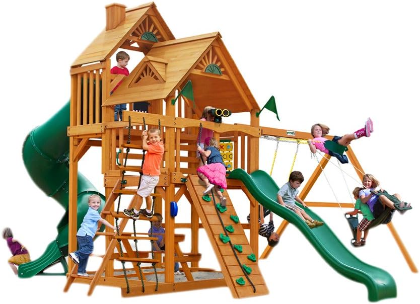 Gorilla Playsets 01-0030-AP Great Skye I Wood Swing Set with Wood Roof, Tube Slide, and Upper Level, Amber