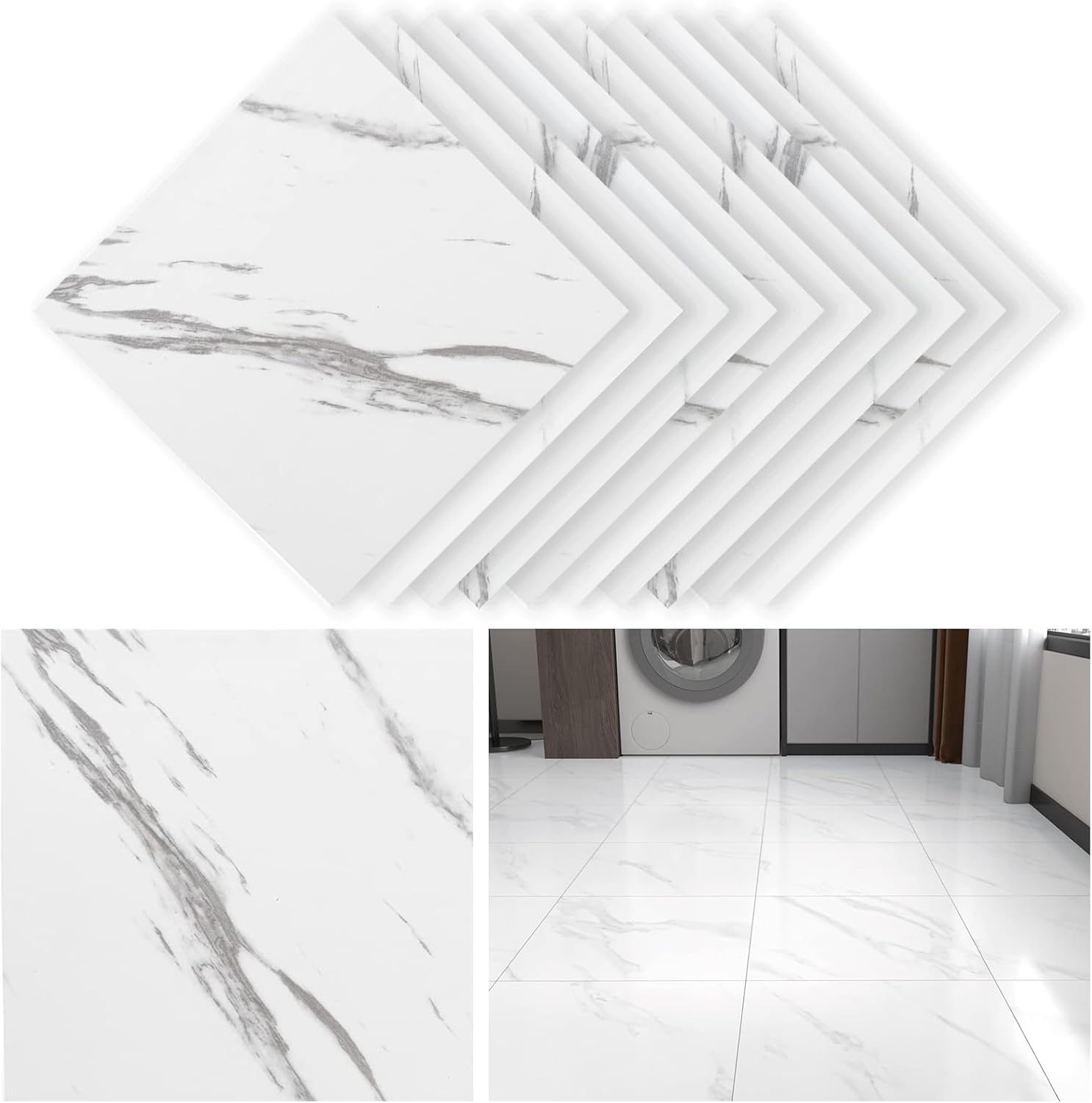 10 Sheets Vinyl Floor Tiles Self Adhesive Floor Sticker Kitchen Waterproof Marble White Vinyl Flooring Peel and Stick Floor Tile for Living Room 30x30cm