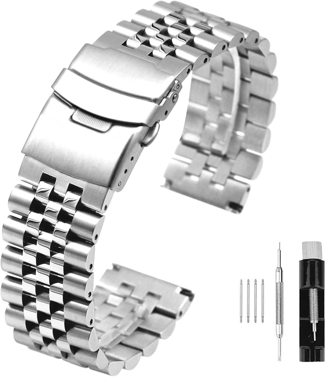 Super Brushed & Polished 3D Solid Silver Stainless Steel Watch Bracelet Band 20mm 22mm 24mm Security Double Deployment Buckle
