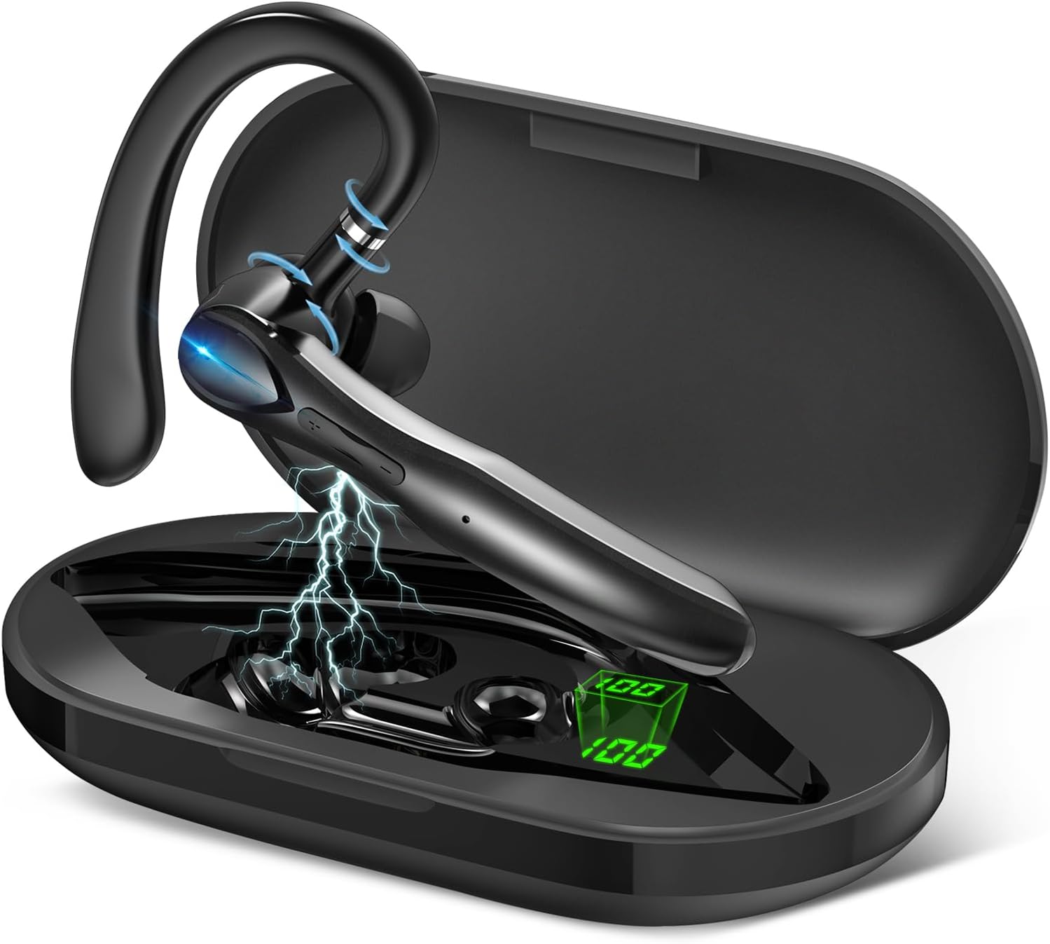 Bluetooth Headset, Wireless Bluetooth Earpiece with 400mAh Charging Case 55 Hours Talking Time Built-in Microphone for iOS Android Cell Phone, V5.1 Hand-Free Headphones for Trucker, I33 Office - Black