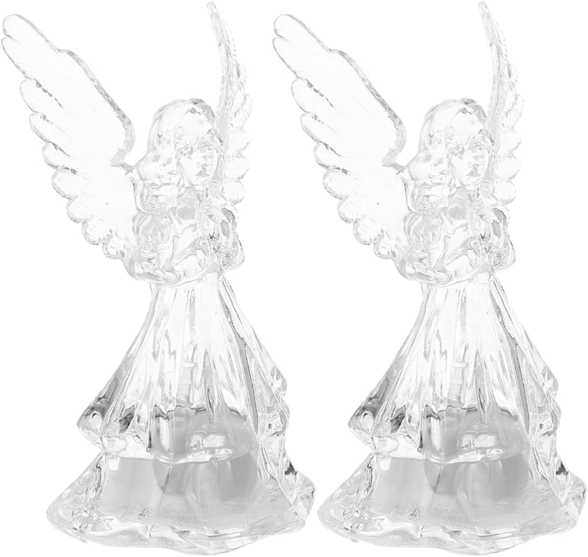Led Lighted Little Angel Figurine: 2 Pcs Acrylic Guardian Light Figurines with Colorful Sparkling LED Lights, Acrylic Angel Statue Prayer Bedside Angel Lighted Figurine Mini Decor