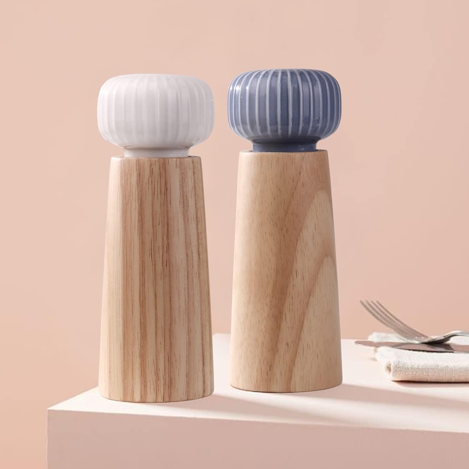 Wood and Ceramic Pepper Grinder Set - Salt and Pepper Mill Spice Mill with Adjustable Coarseness, 7 inches (Without Tray)