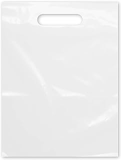 Purple Q Crafts Plastic Bag With Die Cut Handle 9" x 12" White Merchandise Bags 100 Pack for Retail, Gifts, Trade Show and More