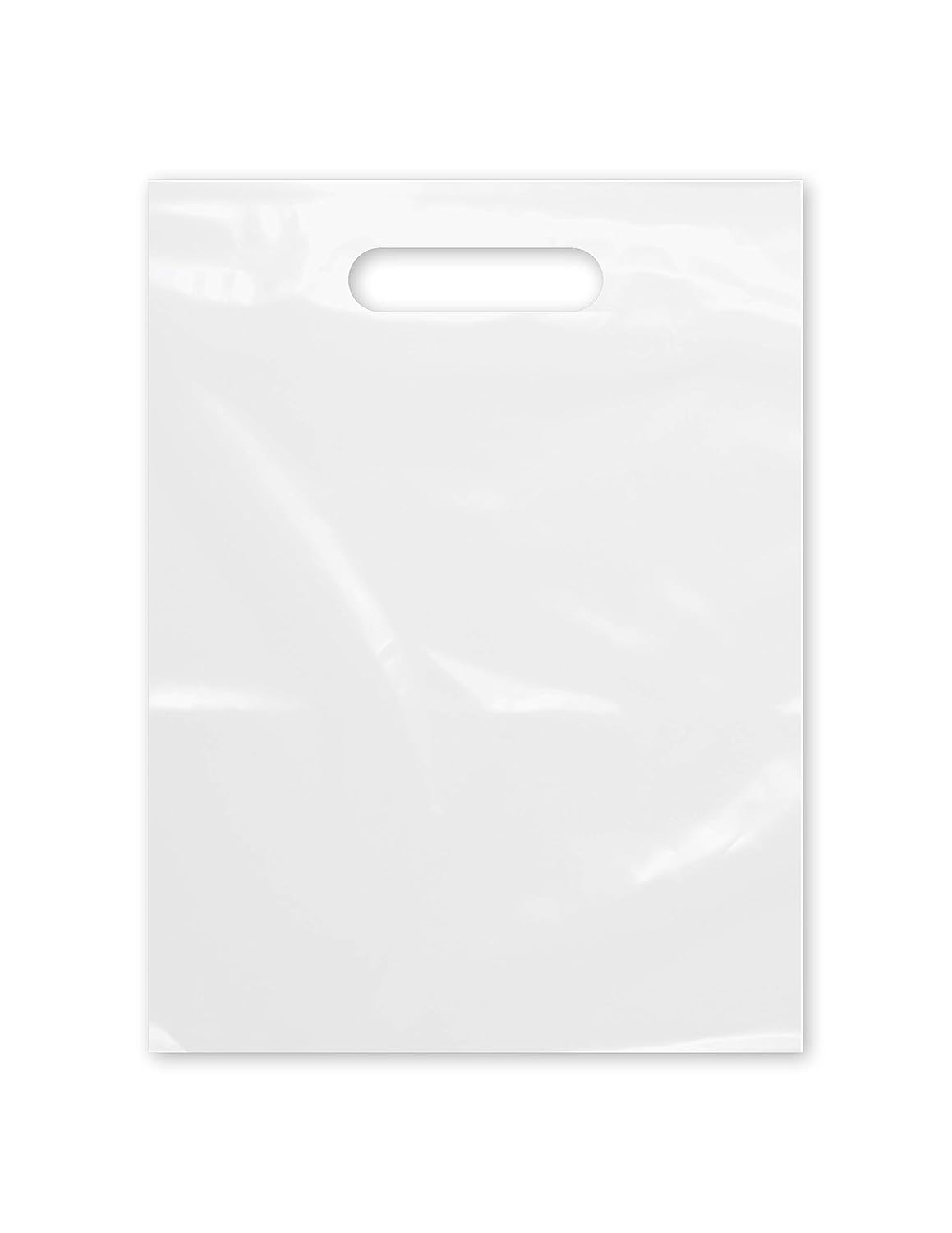 Purple Q Crafts Plastic Bag With Die Cut Handle 9" x 12" White Merchandise Bags 100 Pack for Retail, Gifts, Trade Show and More