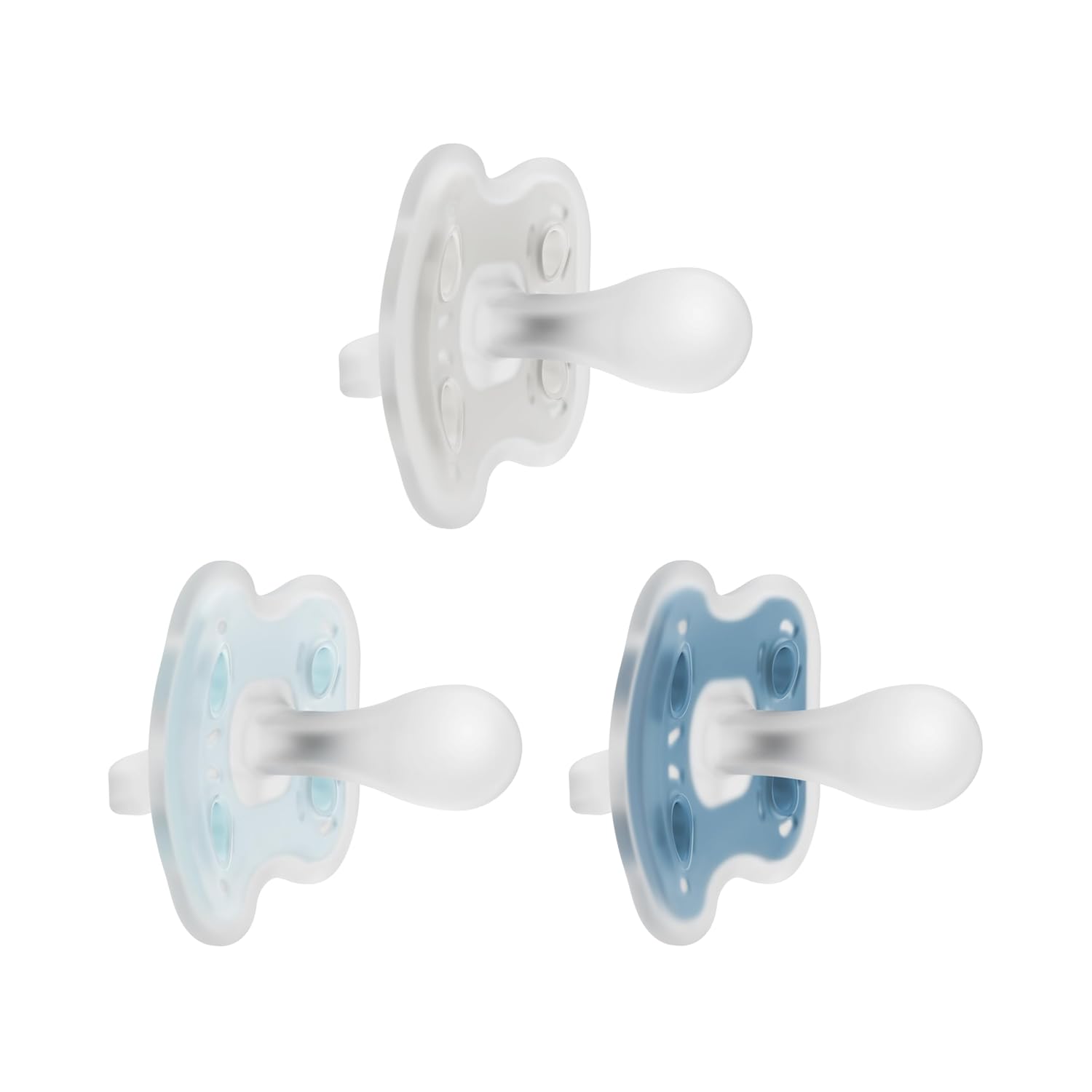 Dr. Brown's Advantage One-Piece Silicone Baby Pacifier, Fully Symmetrical Soother, Blue/Light Blue/Gray, 0-6m, BPA Free, 3 Pack
