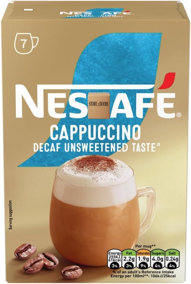 NESCEFE Cappuccino Decaf Instant Coffee Sachets 7 – 100% Responsibly Sourced Coffee, Smooth & Creamy, Decaffeinated (Pack of 2)