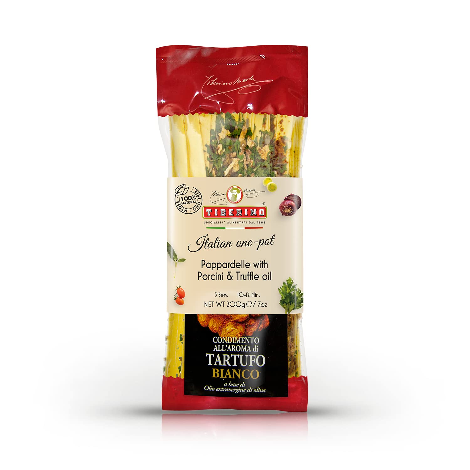 Tiberino's Real Italian Meals Pappardelle with Porcini & Truffle Oil, Imported from Italy - 100% Natural, 7 oz, 1 Pan Cooking, No Straining Required, Cooks in Minutes, No Additional Ingredients Needed