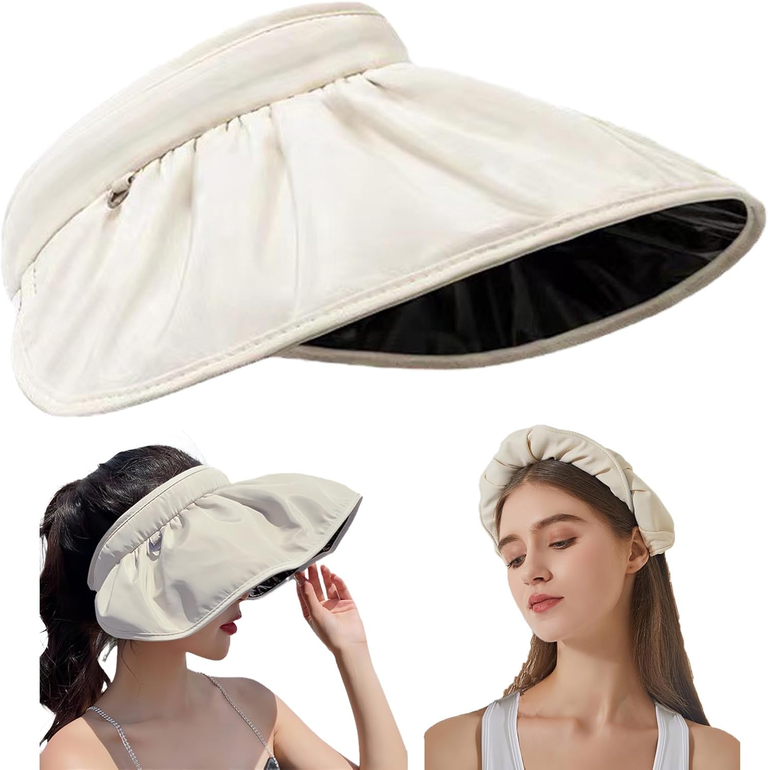 2 in 1 Foldable Visor Hat Women/Headbands, Wide Brim Sun Visor with UV Protection, Topless Summer Hat for Outdoor Sports, Beach, Hiking, Beige