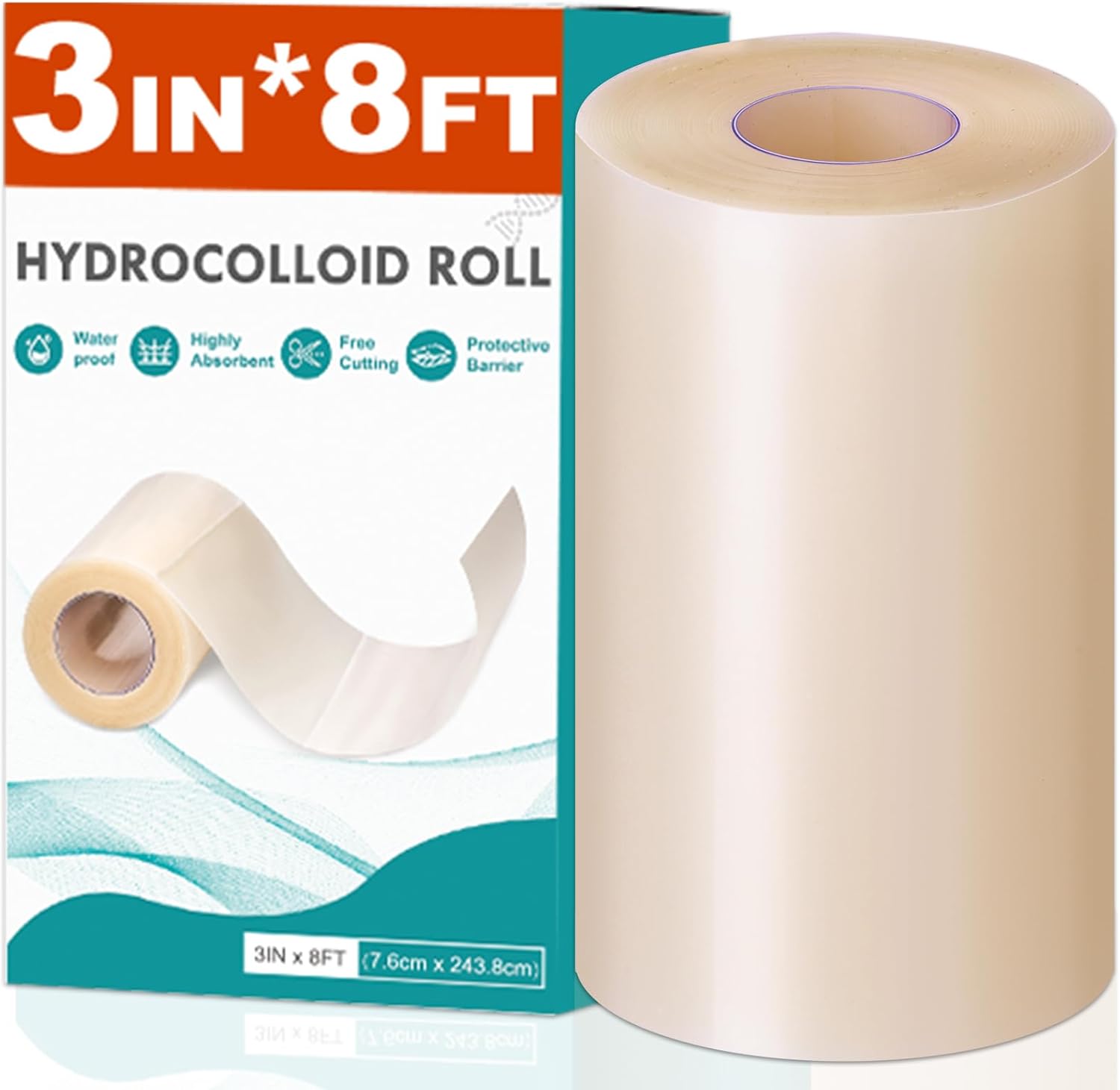 Hydrocolloid Roll for Wound Care, Hydrocolloid Patch Bandages with Self-Adhesive, Bed Sore Bandages, Highly Absorbent for Burn, Blister, Acne Care, Waterproof (3in x 8ft)
