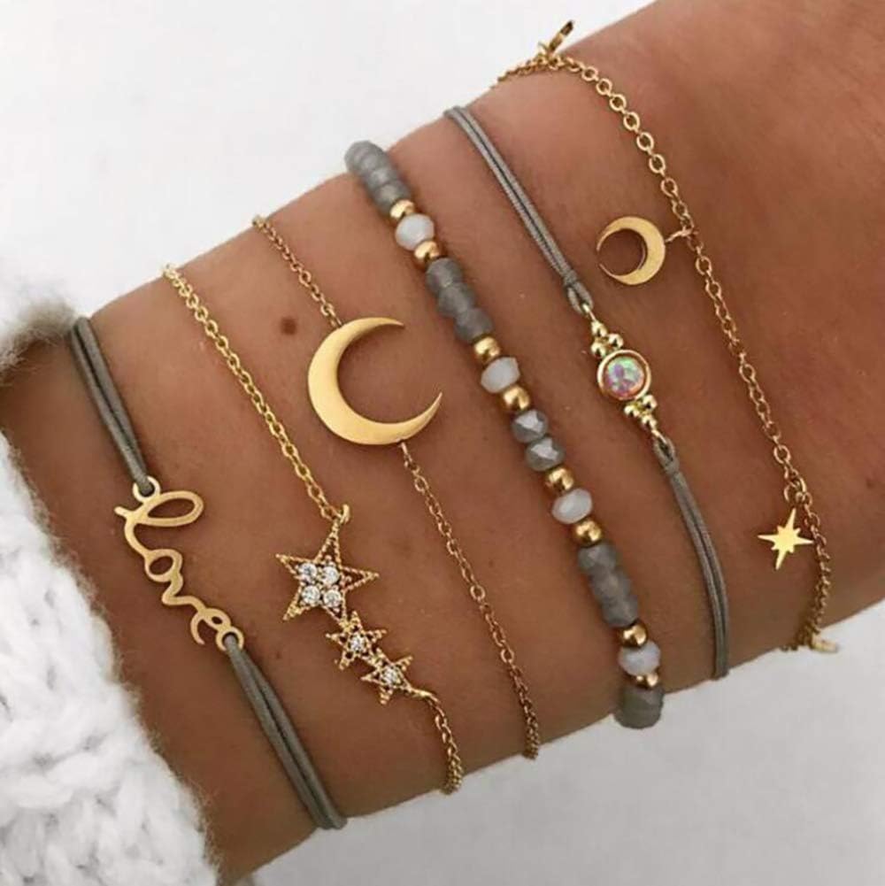 Deniferymakeup Star and Moon Personalized Pendant, Set of 6 Grey Bead Bracelets