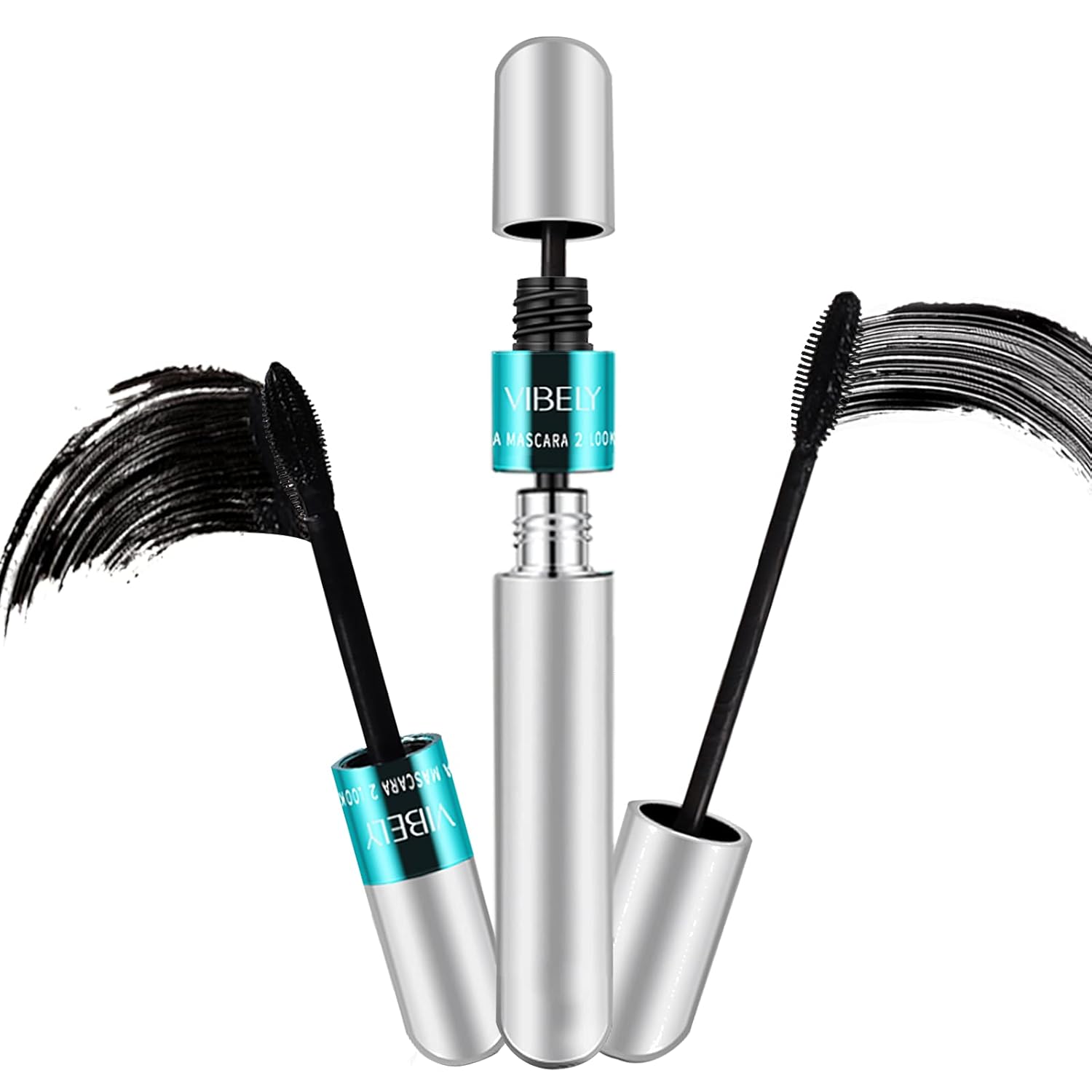 Vibely 2 in 1 Mascara - 5x Longer, Waterproof, 4D Silk Fiber, Dual Brushes for Natural Lengthening and Thickening Eyelashes, Black, No Clumping (1pc)