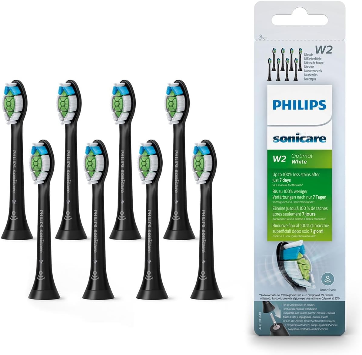 Philips Sonicare Original W2 Optimal White Standard Sonic Toothbrush Heads - 8 Pack in Black (Model HX6068/13)