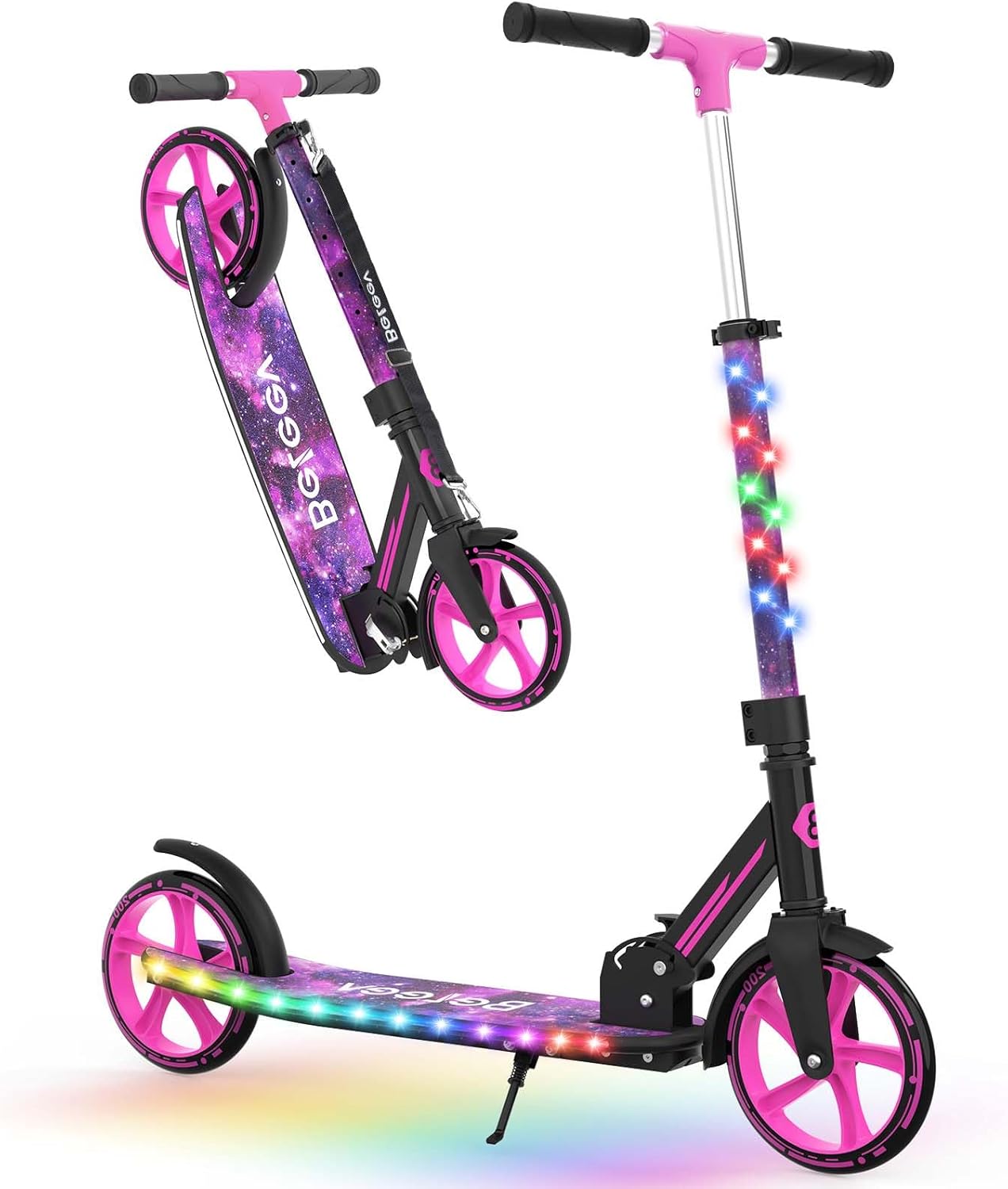 BELEEV V8 Scooters for Kids Ages 6+ with Light-Up Stem & Deck, 2 Wheel Folding Scooter for Adults Teens, 4 Adjustable Height, Lightweight Sport Commuter Scooter, Max Load 220 lbs