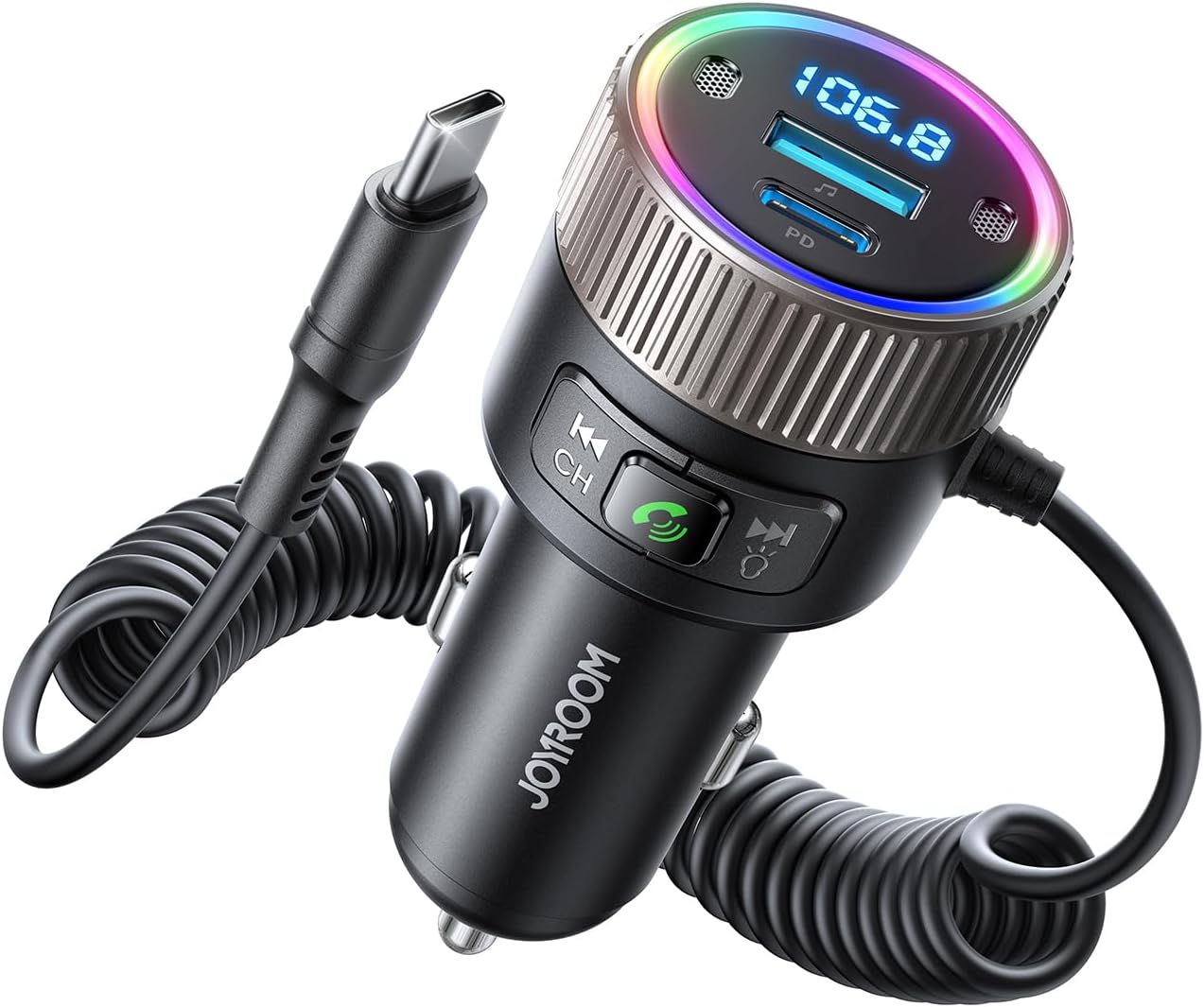 JOYROOM Bluetooth 5.4 FM Transmitter Car Adapter 60W PD 3.0 Fast Charging with USB-C Cable [Light Control] [HiFi Bass Sound] Cigarette Lighter Radio Music Adapter, Hands-Free Calling Support USB Drive