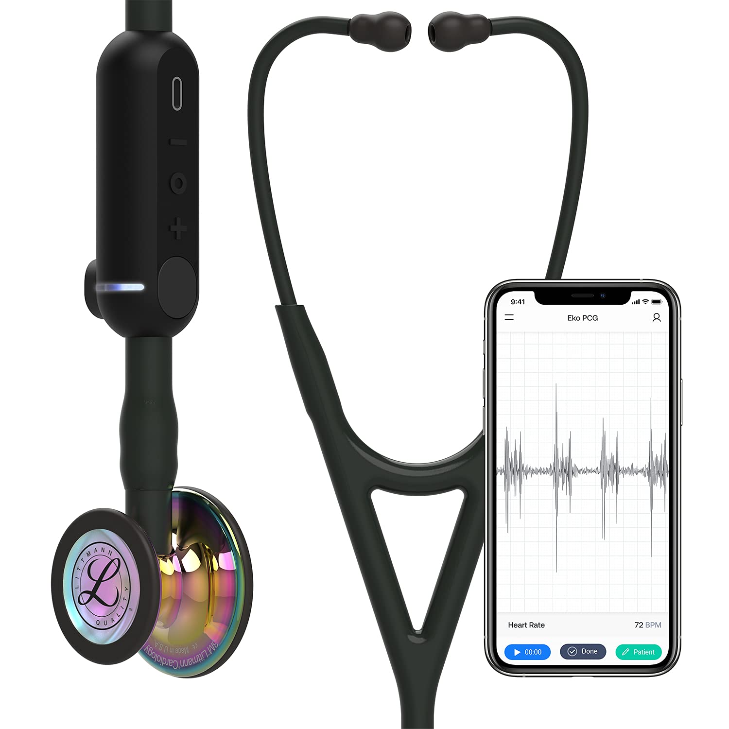 3M Littmann CORE Digital Stethoscope, 8572, High Polish Rainbow Chestpiece, Black Tube, Stem and Headset, 69 cm
