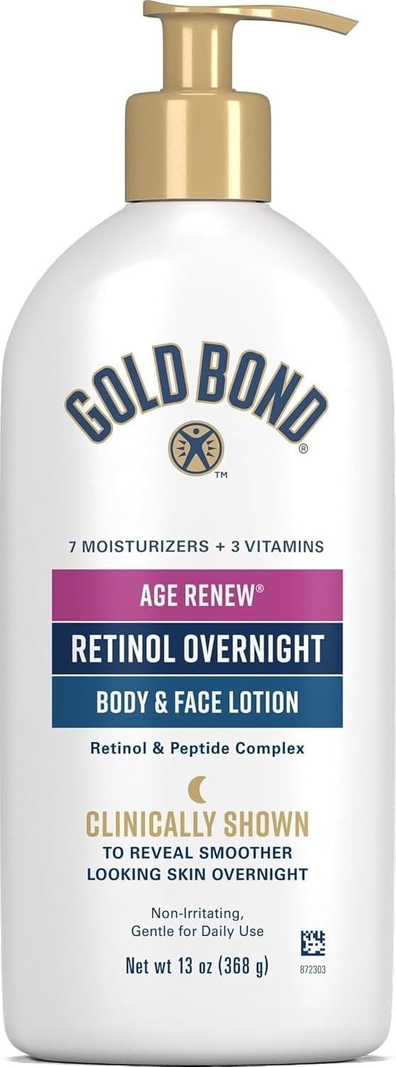 Gold Bond Age Renew Retinol Overnight Body & Face Lotion, 13 Oz | Face and body lotion with Retinol & peptide complex, Non-irritiating, Gentle for Daily use