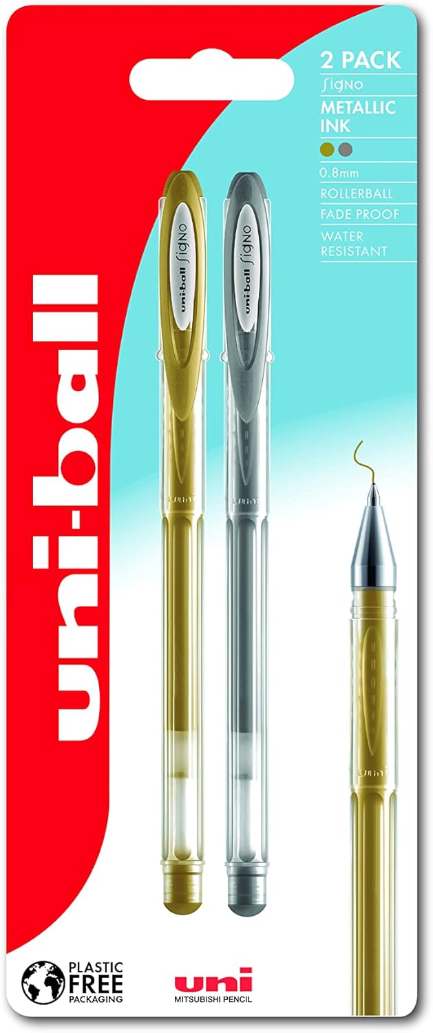Uni-Ball UM-120NM Signo Metallic Rollerball Gel Colouring Pens. Premium Medium 0.8mm Ballpoint Tip. Arts and Crafts for Kids & Adults. Fade & Water Resistant Uni Super Ink. Pack of 2 Gold/Silver