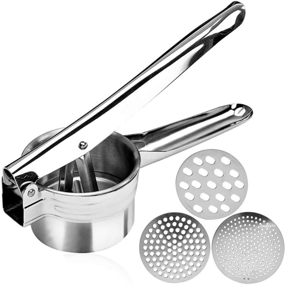 Stainless Steel Potato Ricer – Manual Masher for Potatoes, Fruits, Vegetables, Yams, Squash, Baby Food and More - 3 Interchangeable Discs for Fine, Medium, and Coarse, Easy To Use