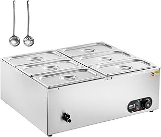 VEVOR 6-Pan Commercial Food Warmer, 6 x 8QT Electric Steam Table, 1500W Professional Countertop Stainless Steel Buffet Bain Marie with 86-185°F Temp Control for Catering and Restaurants, Silver