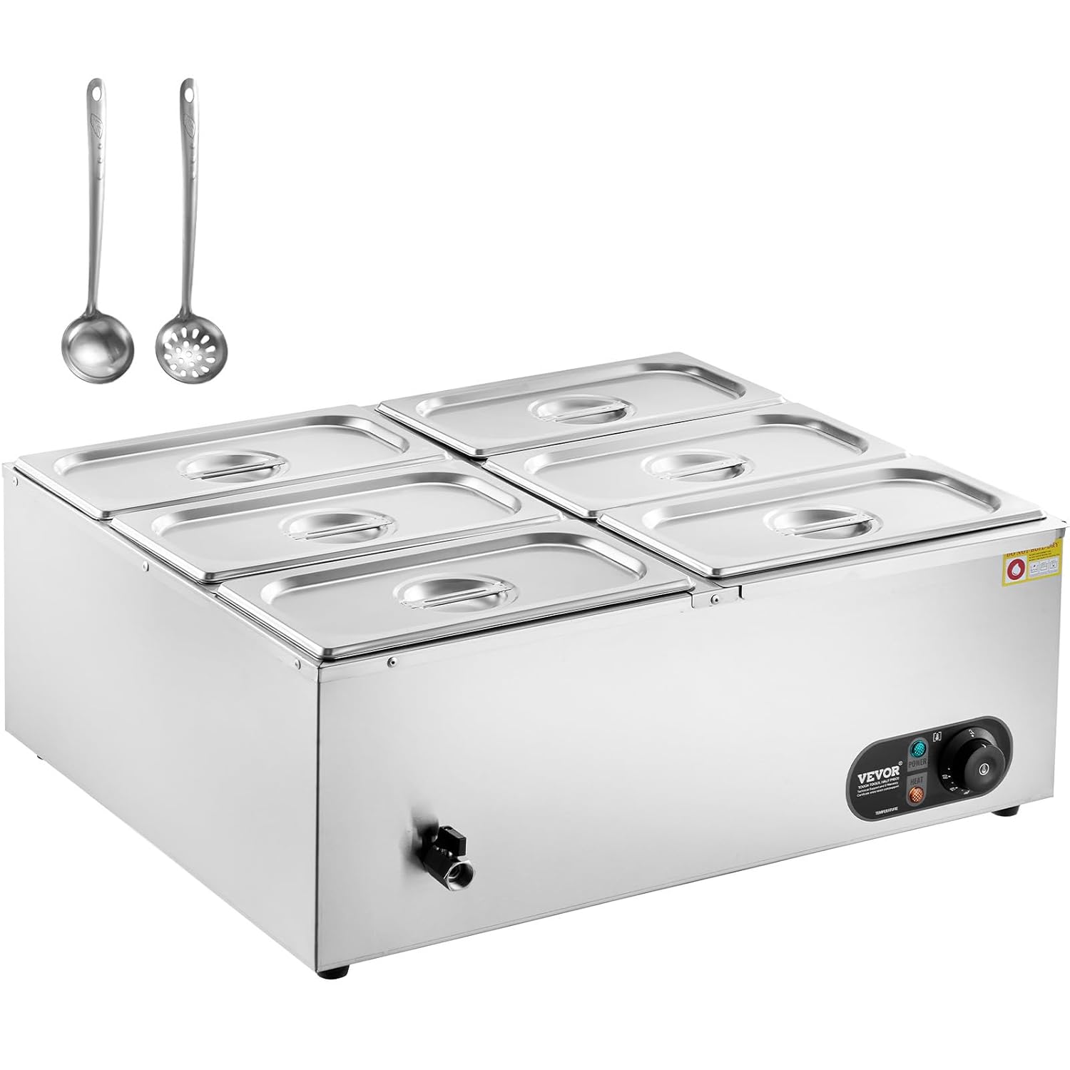 VEVOR 6-Pan Commercial Food Warmer, 6 x 8QT Electric Steam Table, 1500W Professional Countertop Stainless Steel Buffet Bain Marie with 86-185°F Temp Control for Catering and Restaurants, Silver