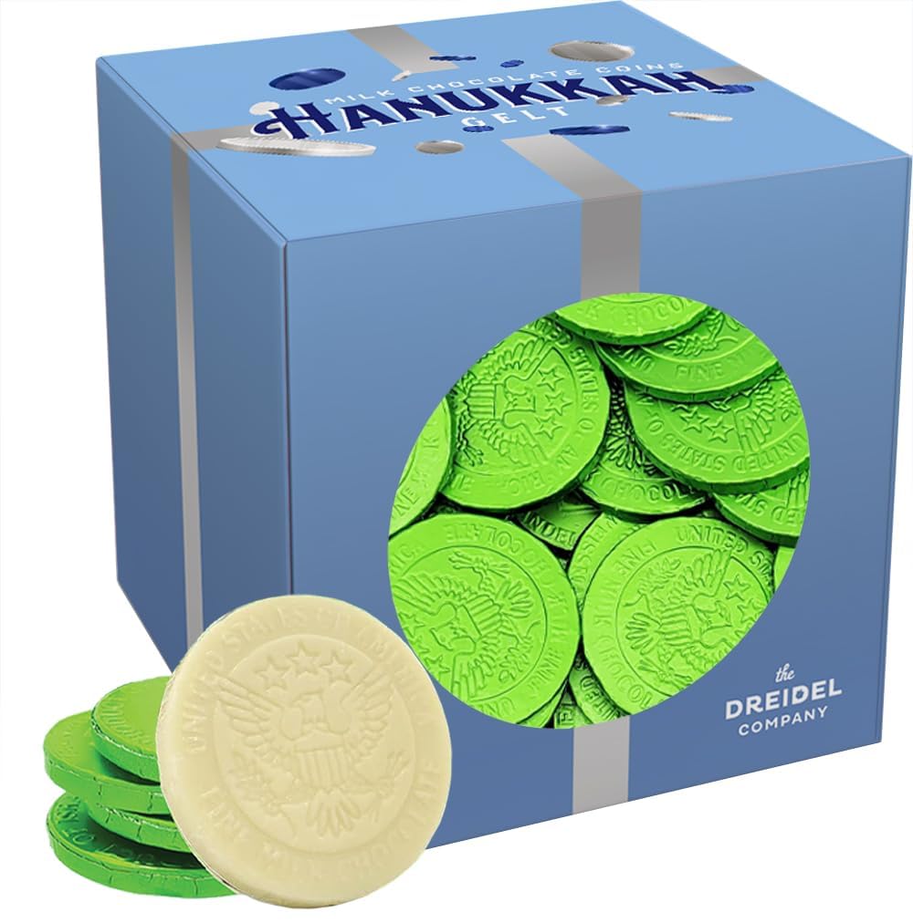 The Dreidel Company White Milk Chocolate Coins, Green Foil Design Hanukkah Gelt, Dairy Milk Chocolate, Kosher Cholov Yisroel, Made in Israel (1 Pound Box)