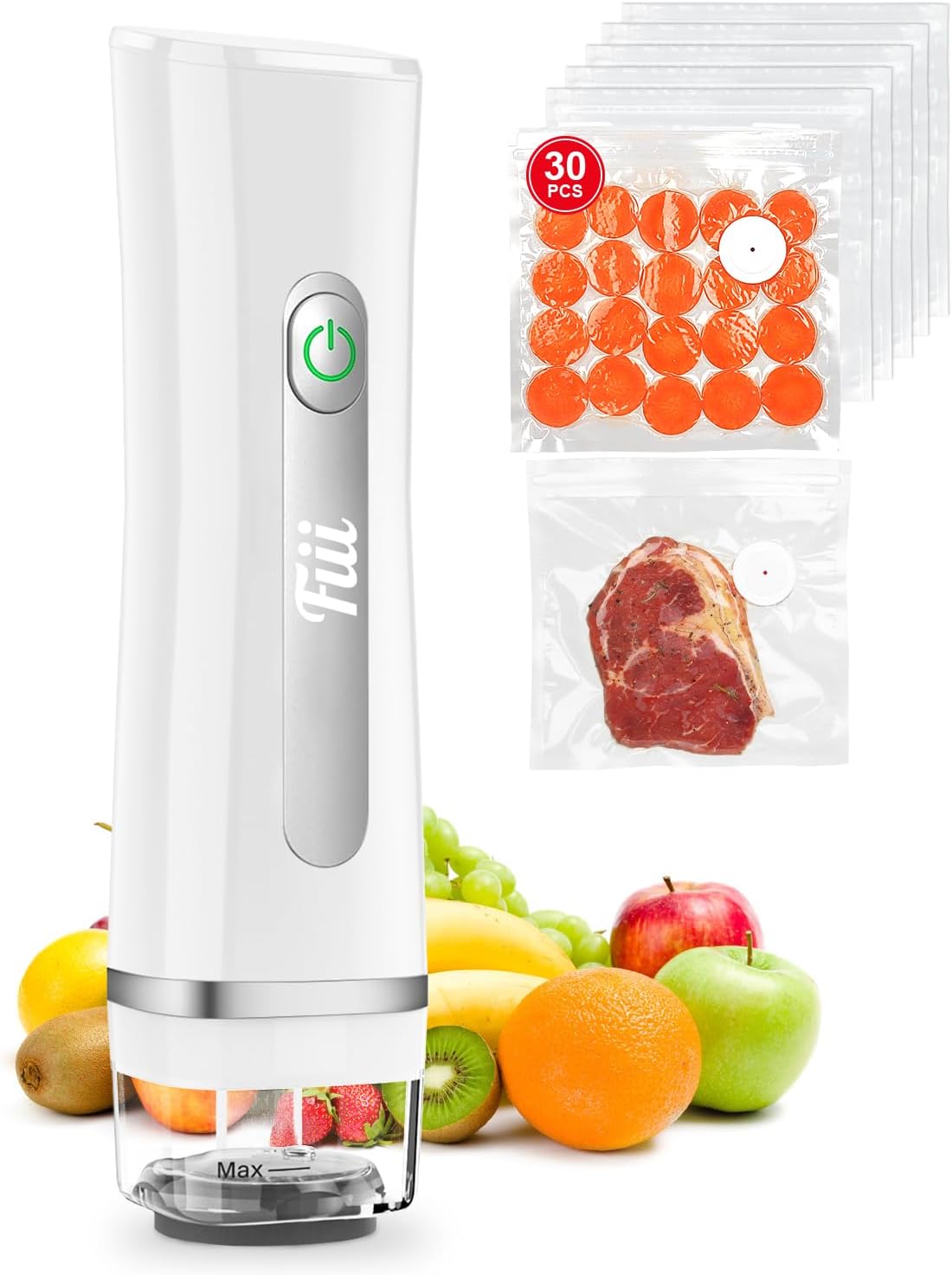 Fiii Vacuum Sealer with 30 Reusable Bags for Food, Powerful Handheld Vacuum Sealer Machine with Visible Water Tank, One Touch Kitchen Storage and Preservation (Dark gray)