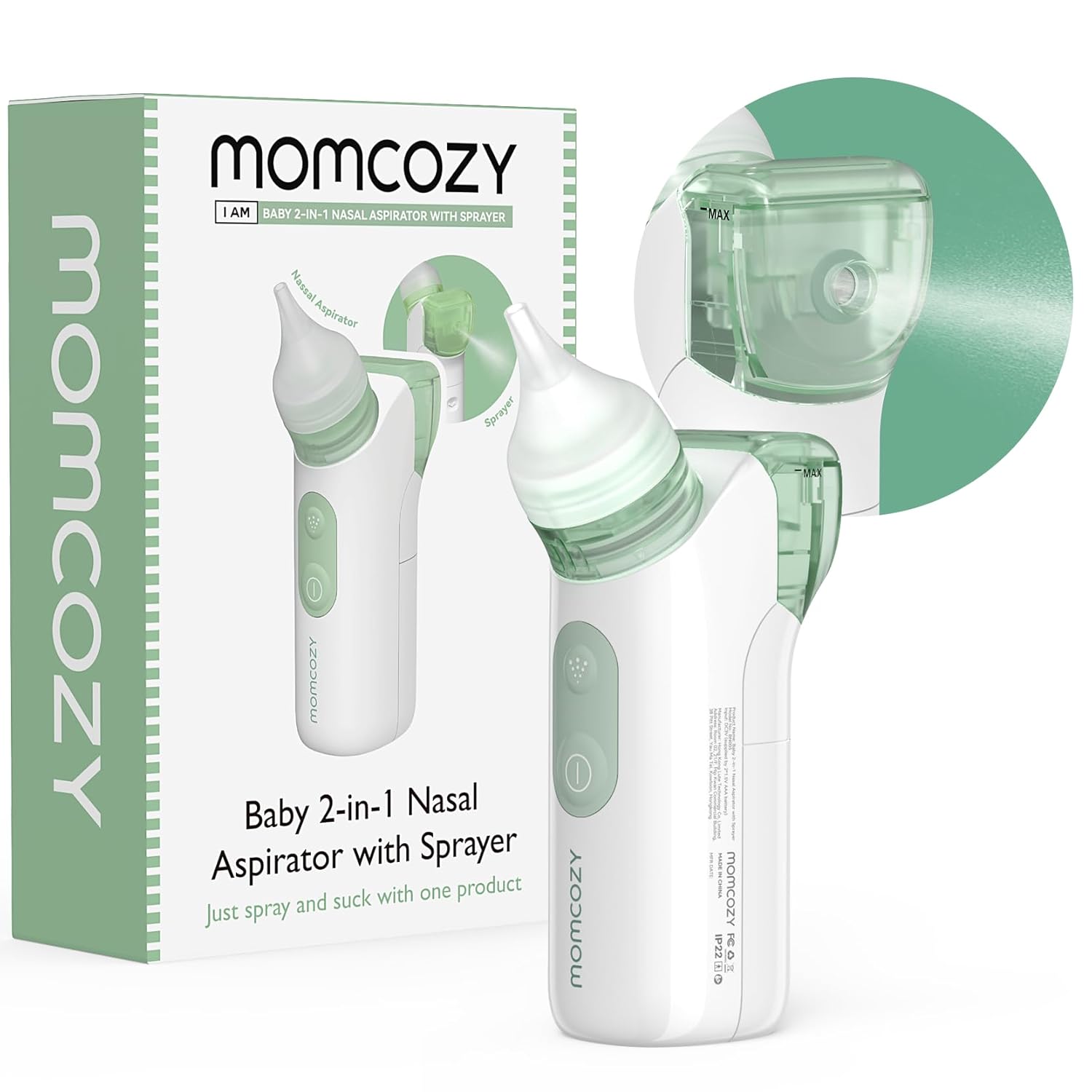 Momcozy 2-in-1 Baby Nasal Aspirator with Nasal Spray, Electric Nasal Aspirator for Baby, Battery Powered Nose Aspirator for Newborn and Toddler, 2 Tips Replacements, BN005