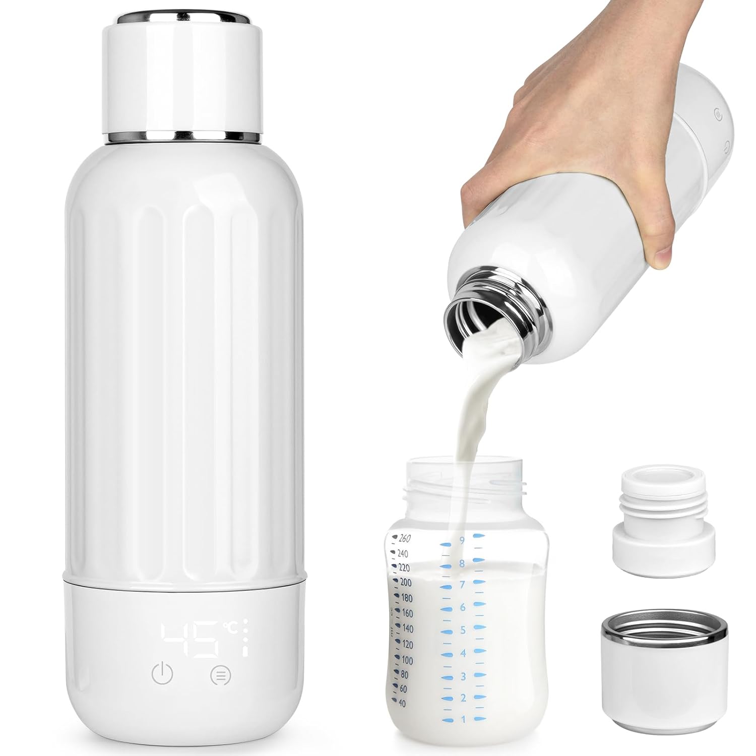 Portable Bottle Warmer for Travel, 17 oz Capacity Baby Milk Warmer, 3 Min Fast Heating Cordless breastmilk Bottle Warmer Leak-Proof for Baby Outdoor, Airplane, and Car Travel BottleWarmer.(White)
