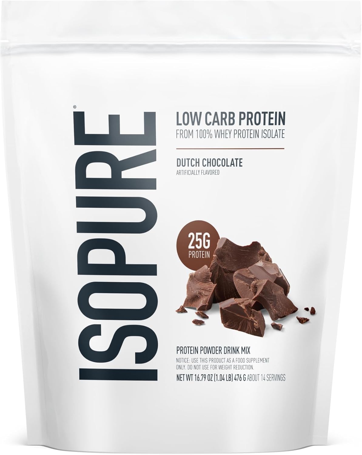 Isopure Low Carb 100% Pure Whey Isolate Protein Powder, Lactose Free, Gluten Free, With Vitamins, Dutch Chocolate, 25g Protein Per Serving, 1 Lb, 14 Servings (Packaging May Vary)
