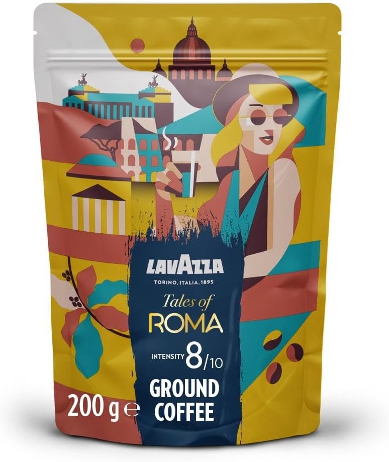 Lavazza, Tales of Roma, Coffee Ground, Ideal for Moka Pots, with Aromatic Notes of Hazelnut and Dark Chocolate, Arabica and Robusta, Intensity 8/10, Medium Roasting, 200 g