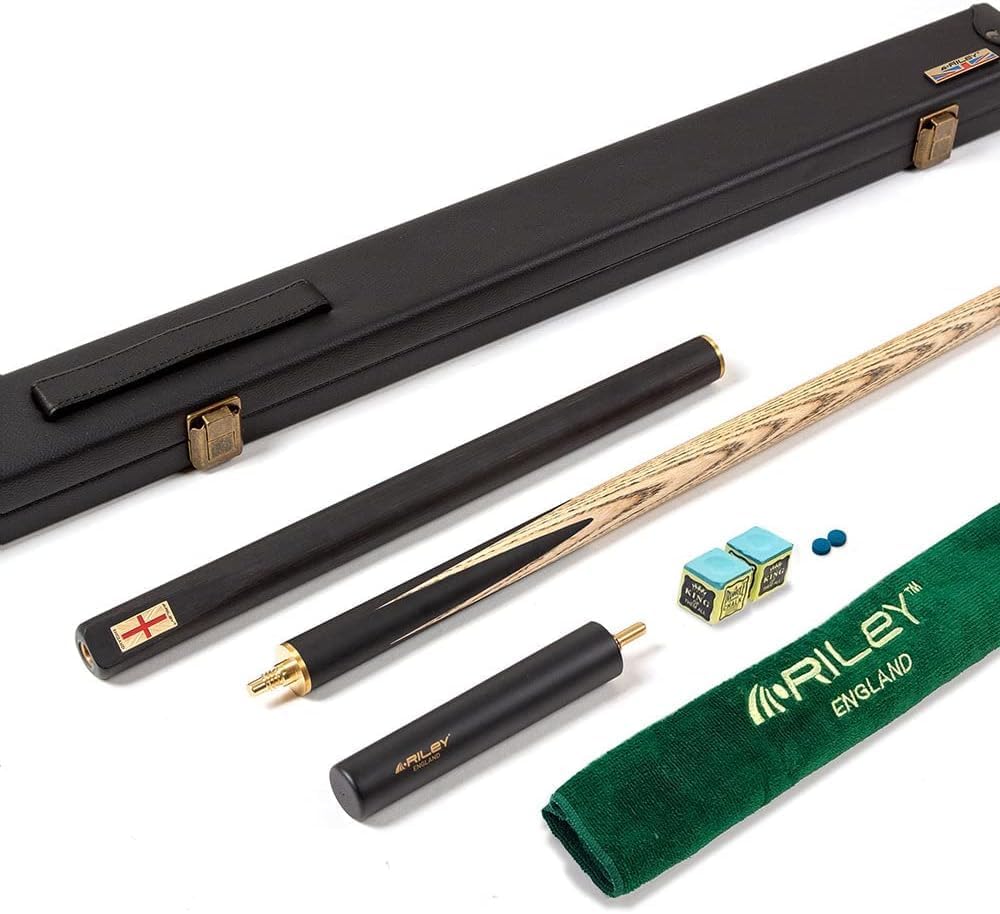 Riley England 3 Piece Snooker Cue & Hard Case 3/4 Cut – Hand Spliced Ebony Butt - 145cm - North American Ash Shaft with 9.5mm Tip - Includes 15cm Extension & Accessory Pack