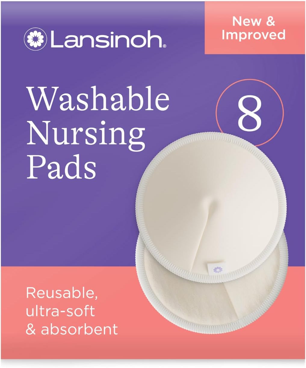 Lansinoh Reusable Breast Pads Maternity - 8 pack - Ultra-soft & Absorbent - Machine Washable Organic Bamboo Nursing Pads - Includes Washbag - Breast Feeding Essentials