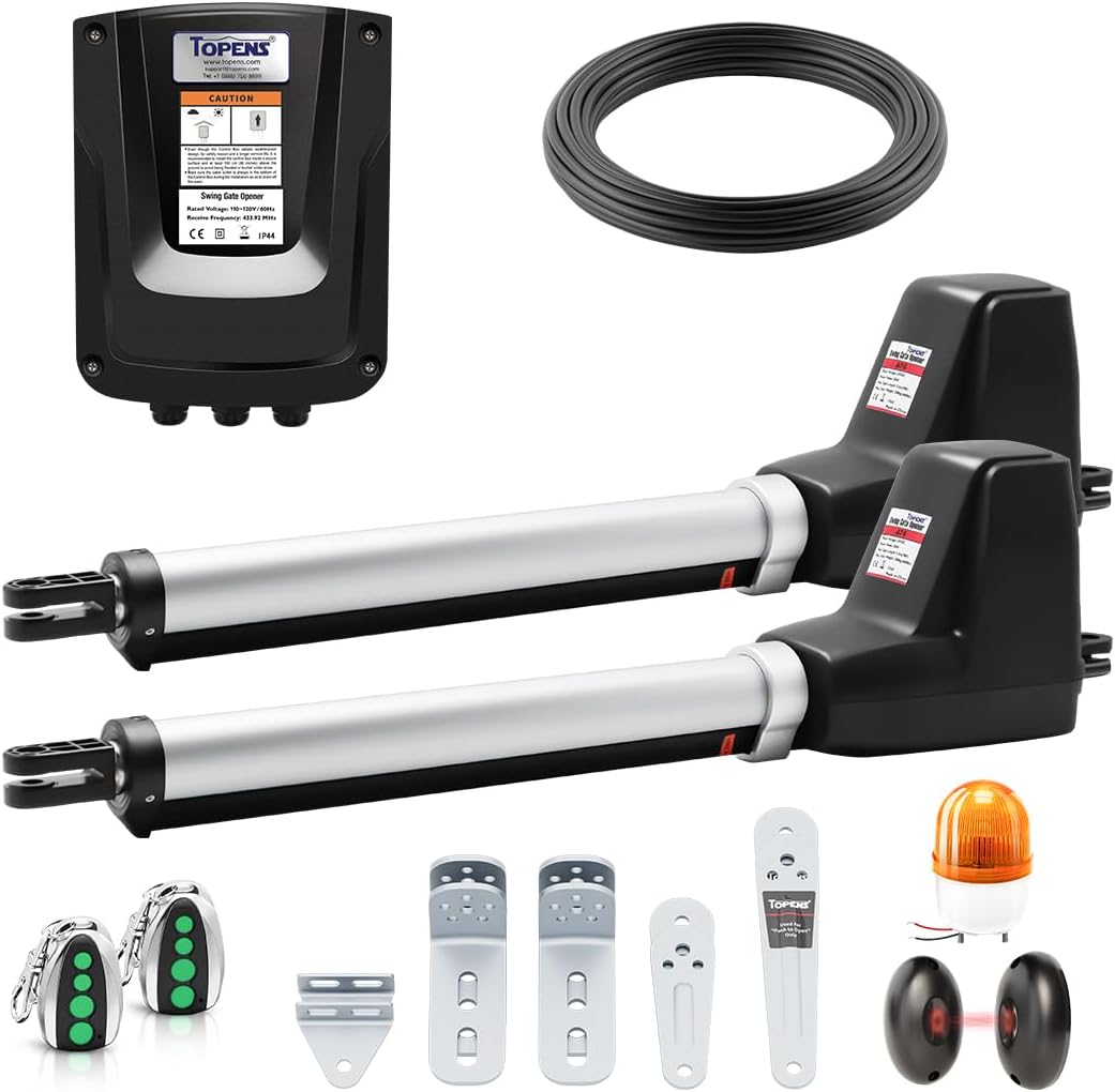TOPENS AT602 Dual Swing Gate Opener Medium Duty Automatic Gate Motor for Double Swing Gates Up to 5.5m per Arm, Electric Driveway Gate Operator AC Powered with Remote Control, Beacon and Photo Sensor