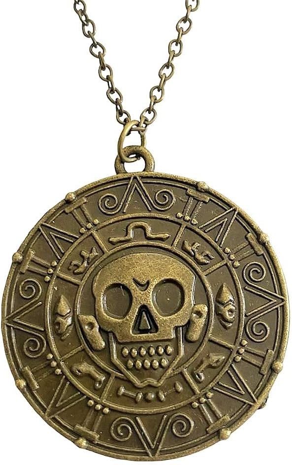 Aztec Coin Skull Sun Necklace Inspired by Pirates of the Caribbean Movie Fantasy Medallion Charm Fancy Dress Skeleton Skull Head Pendant Mens Women