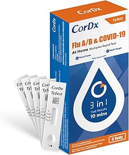 CorDx TyFast 10 Mins Flu A/B & Covid-19 Multiplex Rapid Test, Results in 10 Minutes—Precision Skip The 15 Wait, FDA Authorized, at Home 3-in-1 Combo Kit, 5 Tests, Use-Friendly & No Discomfort