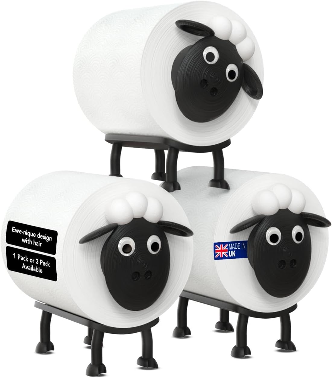 Sheep Toilet Roll Holder - Set of 3 – Free Standing Black Loo Roll Storage – 3D Printed Cute Bathroom Decor – Hilarious Plastic Tissue Paper Holder – Novelty Gift for Home, Kids & Guests